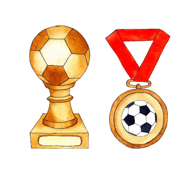 Aquarel illustratie set voetbal awards beker en medaille op een rood lint rivaliteit award