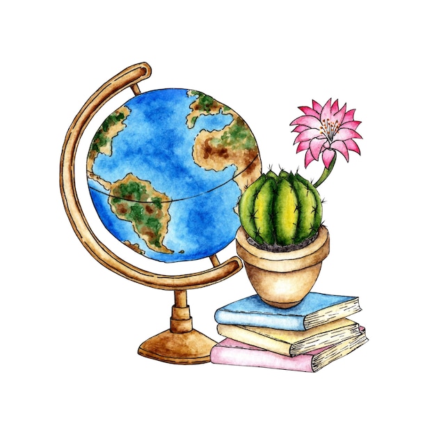 Aquarel illustratie van een blauwgroene wereldbol op een bruine basis een stapel boeken en een cactus Terug naar school Onderwijsconcept geïsoleerd op een witte achtergrond met de hand getekend