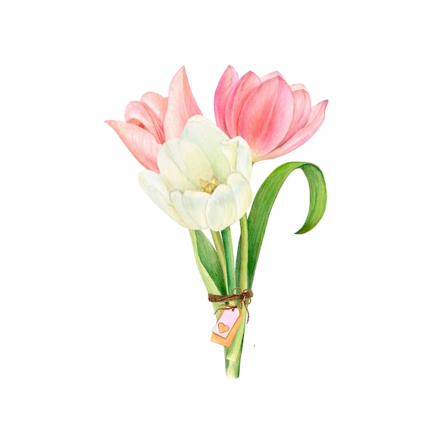 Aquarel illustratie van een boeket bloemen van tulpen vastgebonden met jute met een valentijn een tag