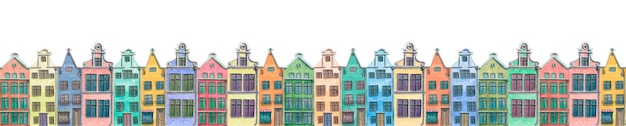 Foto aquarel illustratie van een bord met schattige oude herenhuizen europese veelkleurige huizen bruggen kar