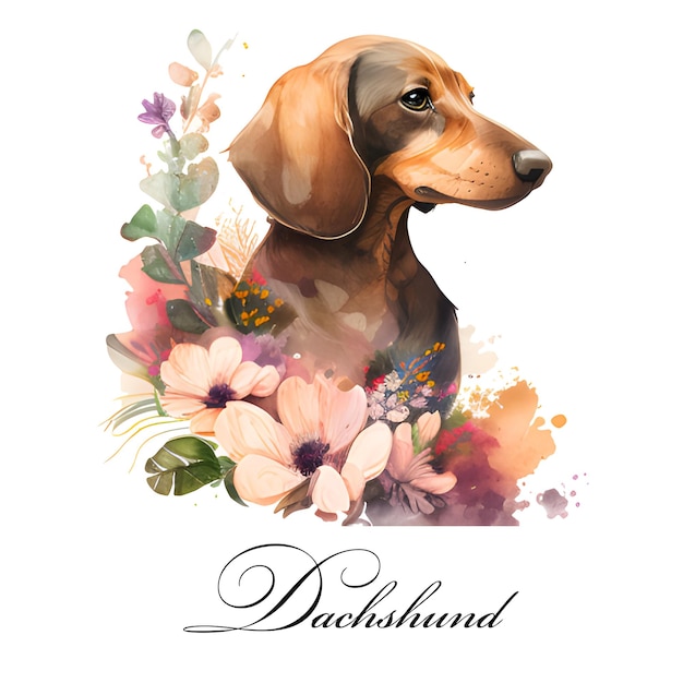 Aquarel illustratie van een enkele hondenras teckel met bloemen