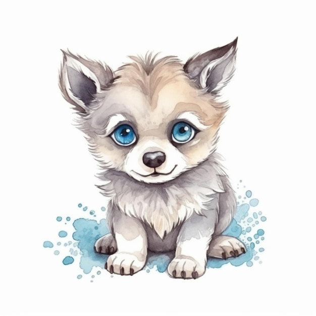 Aquarel illustratie van een hond met blauwe ogen