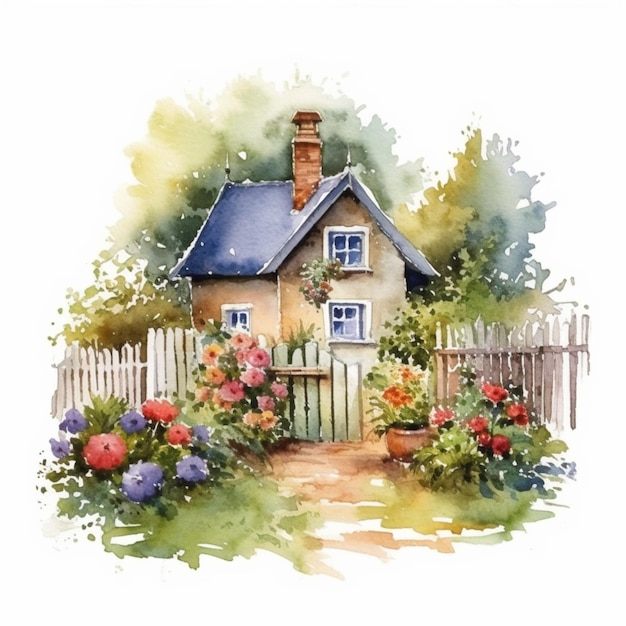 Aquarel illustratie van een huis in de tuin