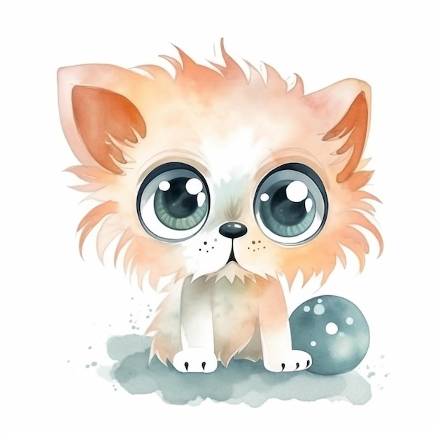 Aquarel illustratie van een kat met grote ogen en een beschilderd ei. aquarel illustratie van een kat met grote ogen en een beschilderd ei. waterverfillustratie van een kat met voorraadillustratie
