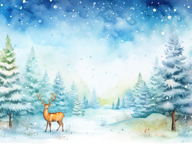 Aquarel illustratie van een kerstkaart van een hert in het bos