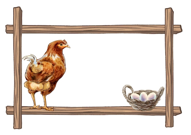 Aquarel illustratie van een kip met eieren in een houten frame Ruimte voor het invoegen van tekst