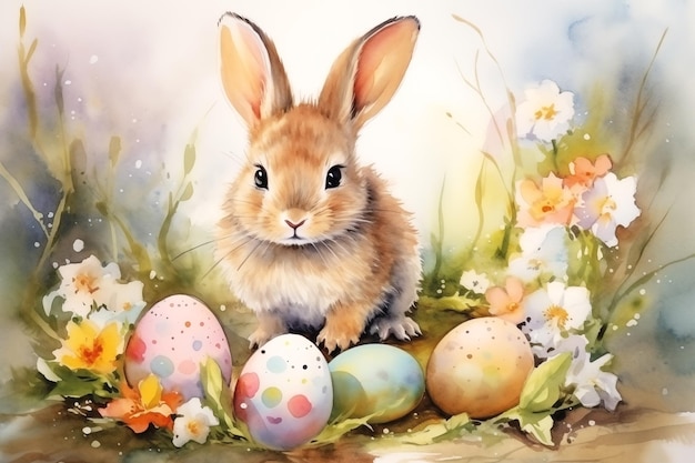 Aquarel illustratie van een konijn met versierde paaseieren tussen bloemen Paasgroetekaartje