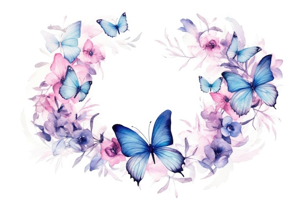 Aquarel illustratie van een krans van bloemen met vlinders.