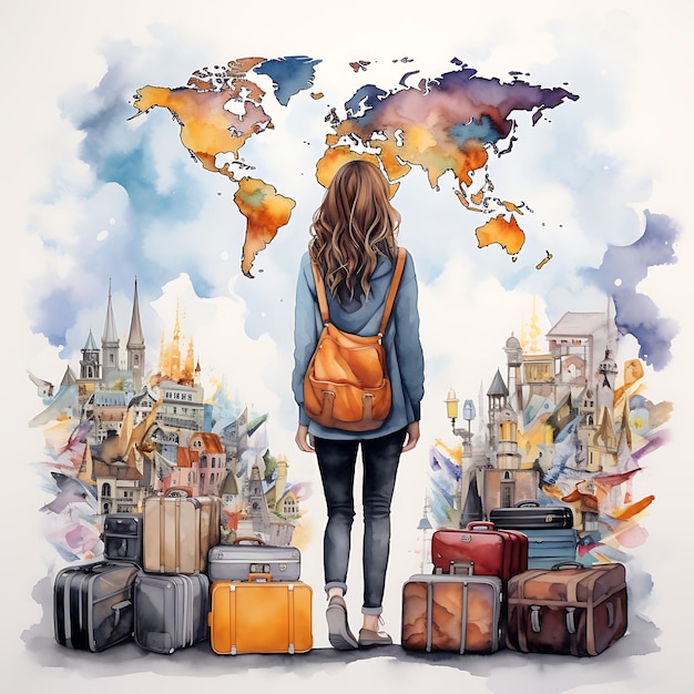 Foto aquarel illustratie van een meisje dat de wereld rondreist om nieuwe plaatsen te verkennen generative ai