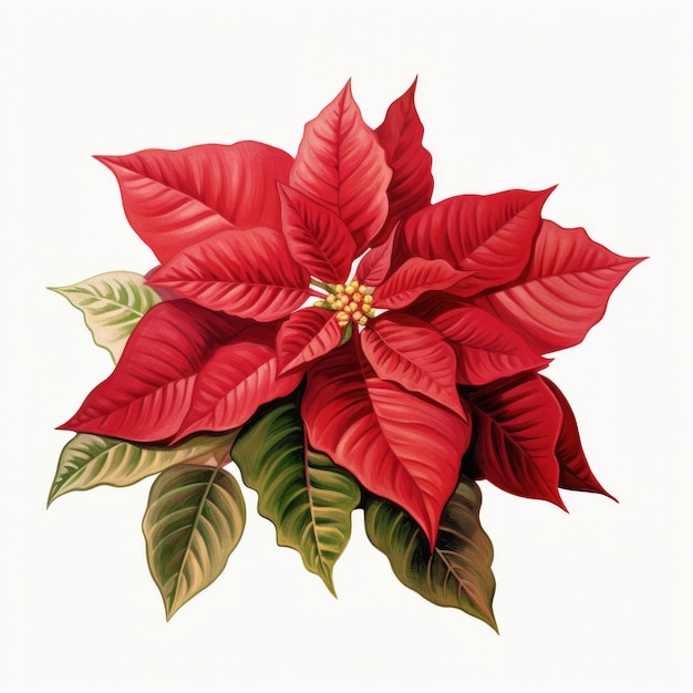 Aquarel illustratie van een poinsettia bloem rode en groene bladeren op een witte achtergrond