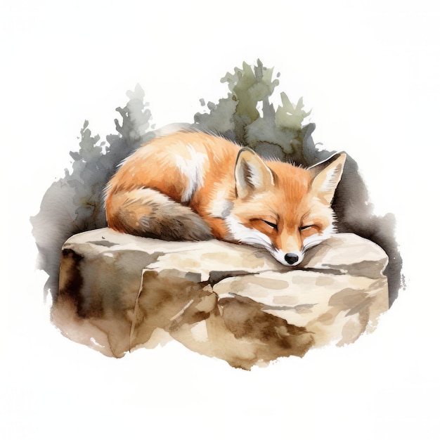 Aquarel illustratie van een rode vos die op een rots slaapt Digitale schilderij