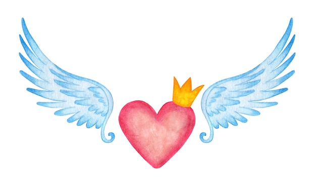 Aquarel illustratie van een roze hart in een kroon met engelenvleugels.