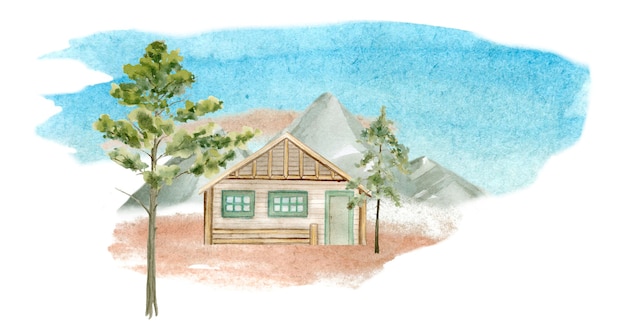 Aquarel illustratie van een vakantiehuis cottage