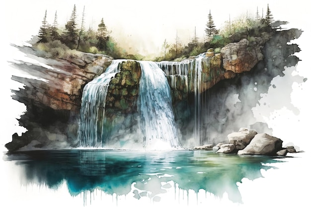 Foto aquarel illustratie van een waterval die overgaat in een heldere plas