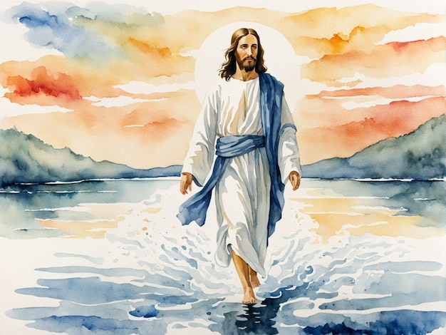 Aquarel-illustratie van Jezus Christus die op het water loopt