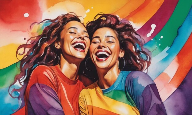 Foto aquarel illustratie van lgbt-vrouwen die elkaar omhelzen lesbisch paar en regenboogvlag pride maand