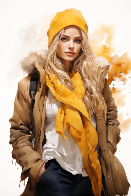 Aquarel illustratie van Meisje in een herfstjas met sjaal warme herfst casual mode stijl