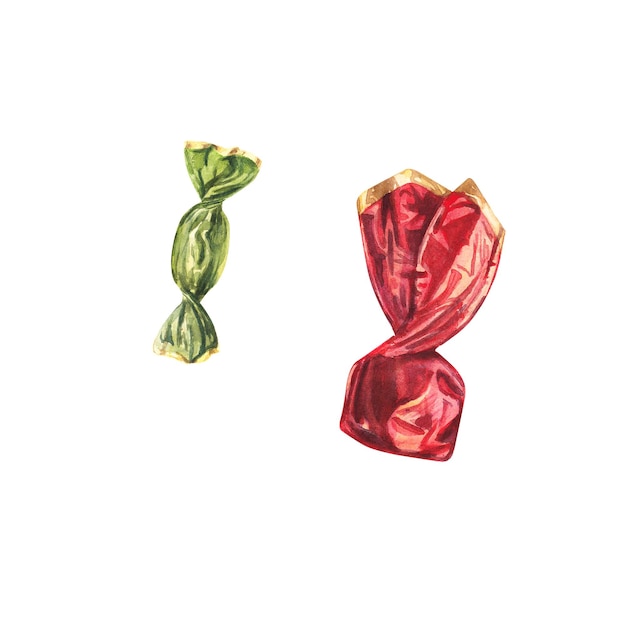 Aquarel illustratie van snoeppapiertjes. Kerst snoep. Rode en groene kerst snoep.