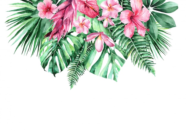 Aquarel illustratie van tropische bladeren. frame van tropische bladeren. uitnodiging voor de bruiloft