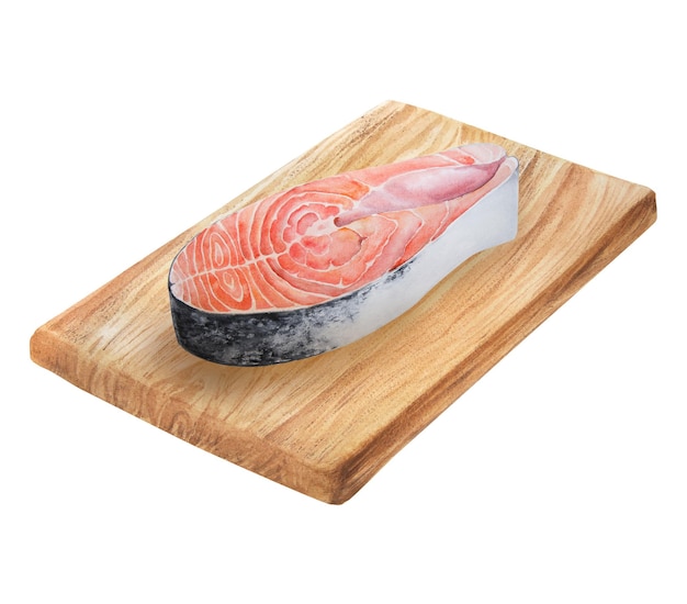Aquarel illustratie van zalm steak op houten snijplank geïsoleerd op een witte achtergrond