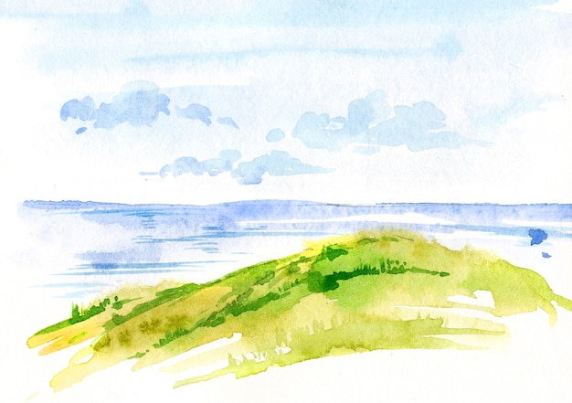 Aquarel illustratie van zee strand met gras en lucht met wolken Hand tekenen schets Zeegezicht