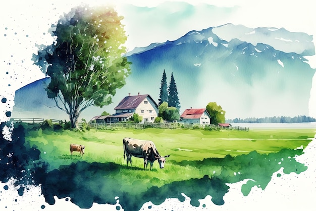 Aquarel illustratie zomer landelijk landschap in aquarel