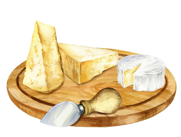 Aquarel italiaanse kaasstukjes op houten snijplank set italiaanse klassieke kazen met de hand getekend i