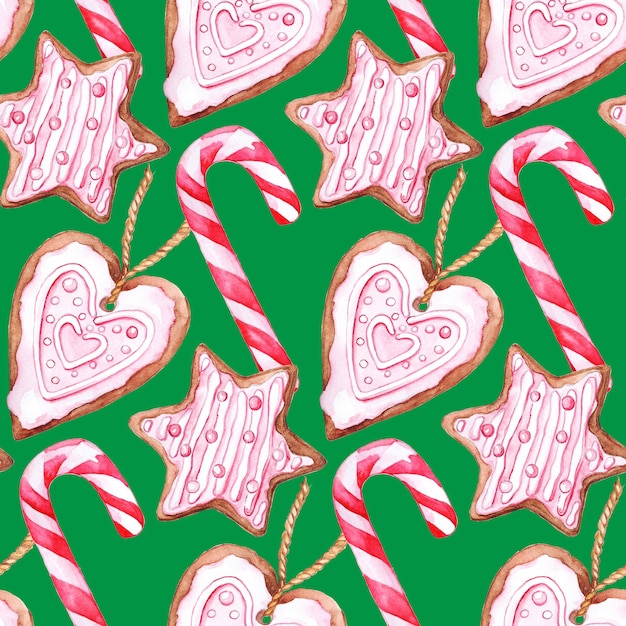 Aquarel kerst candy cane gember koekjes naadloos patroon