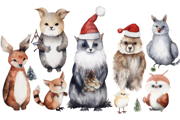 Aquarel kerst dieren illustraties op witte achtergrond