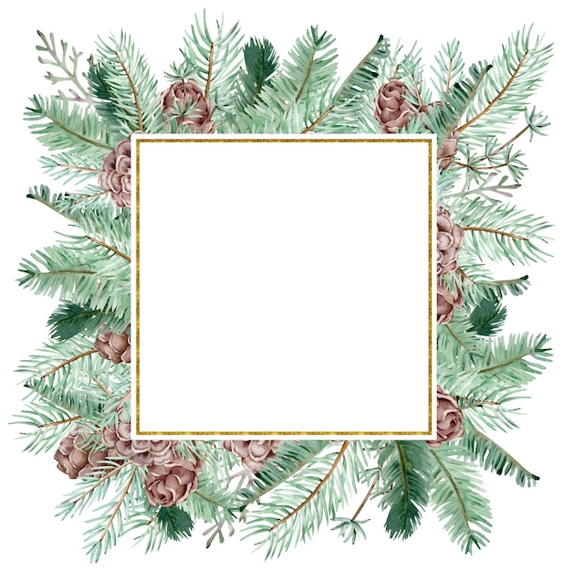 Aquarel kerst frame met kegels en pijnboomtakken