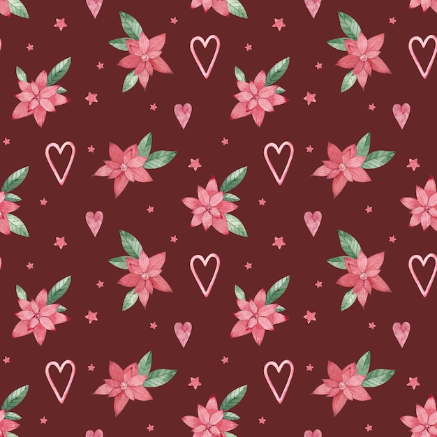 Aquarel kerst naadloze bloemenpatroon. Rode poinsettia en harten. Romantische achtergrond. Valentijnsdag patroon. Ontwerp voor textiel, verpakking en bedrukking.