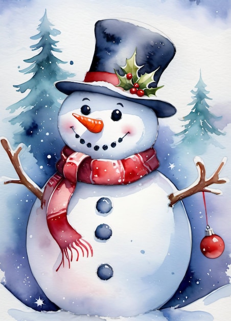 Aquarel Kerst winter illustratie met Happy Snowman wenskaart achtergrond