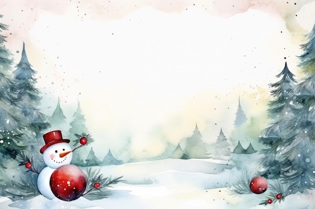 Aquarel kerstkaart ontwerp met sneeuwpop en rode kerstballen