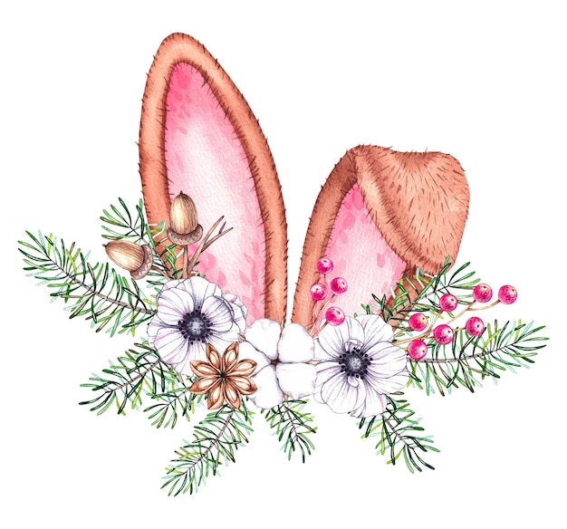 Aquarel kerstkonijntjesoren met een naaldboeket