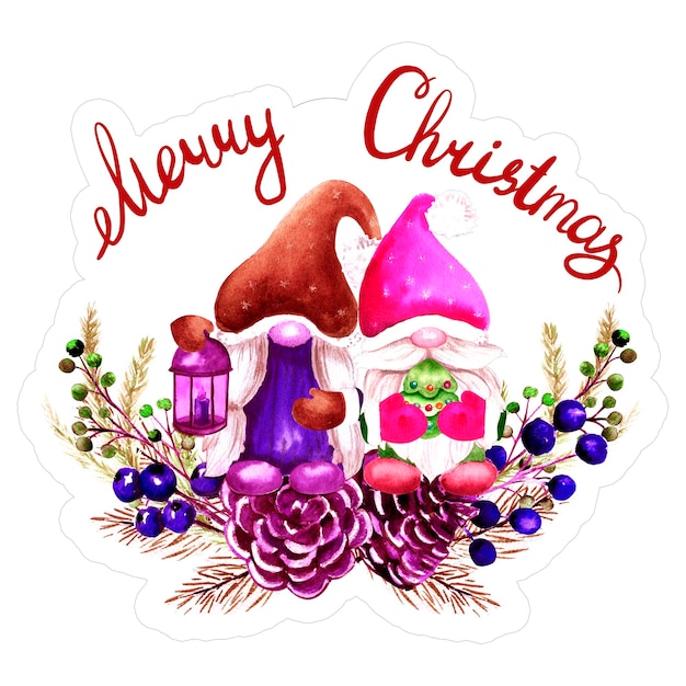 Aquarel kerststicker met kabouters inscripties vrolijke kerststicker met nieuwjaarsattributen