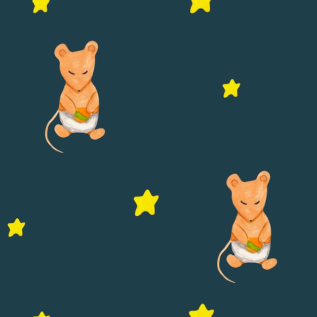 Foto aquarel kinderen naadloze patroon cartoon kleine muis en sterren aan de hemel voor baby shower textiel
