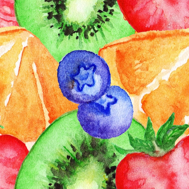 Aquarel kiwi oranje aardbei bosbessen fruit berry naadloze patroon