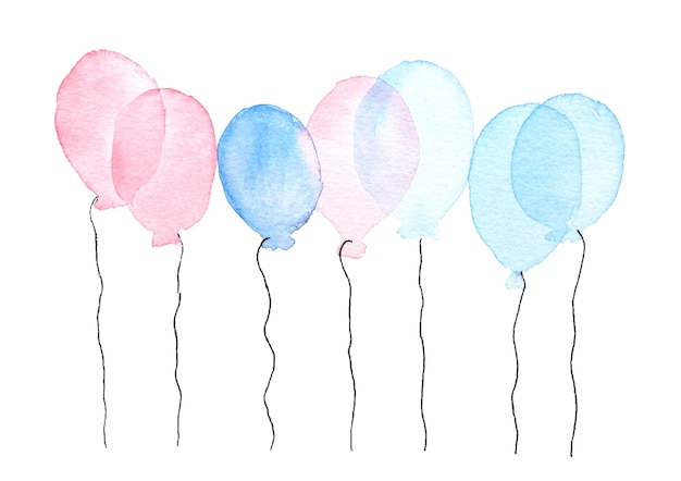 Aquarel kleurrijke ballonnen schilderen feestelijke ansichtkaart. Aquarel tekenen met kunstvoorwerpen