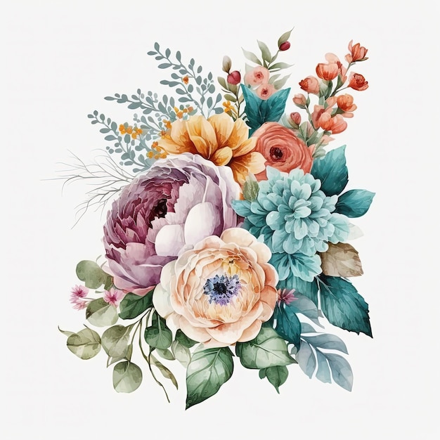 Aquarel kleurrijke bloemen boeket geïsoleerd op witte achtergrond Bruiloft uitnodiging