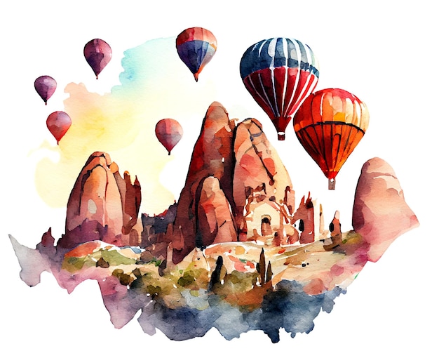 Aquarel kleurrijke heteluchtballonnen in Cappadocië