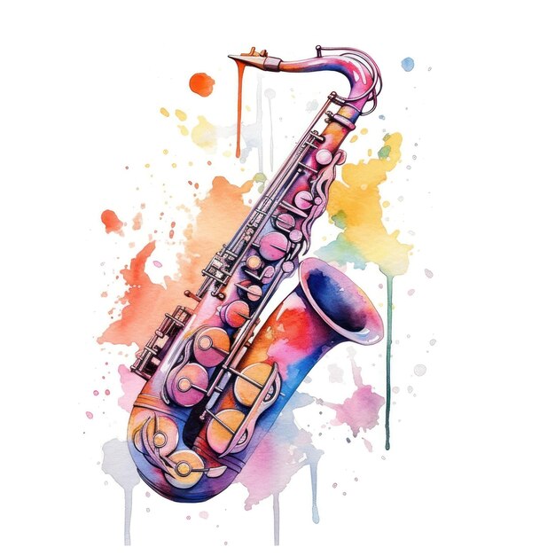 Aquarel Kleurrijke illustratie Kunstwerk Instrument Saxofoon