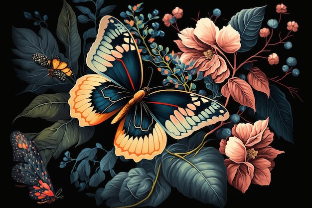 Aquarel kleurrijke vlinder bloemen achtergrond generatieve AI