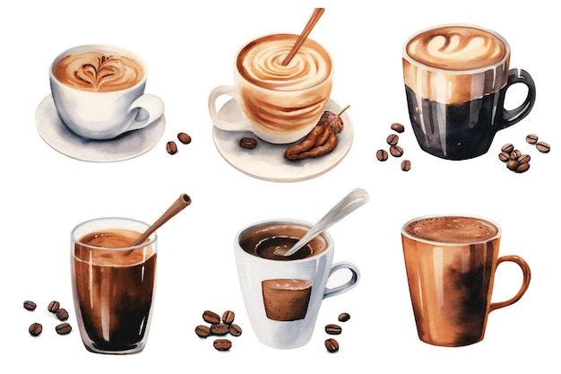 Aquarel koffie illustraties op witte achtergrond