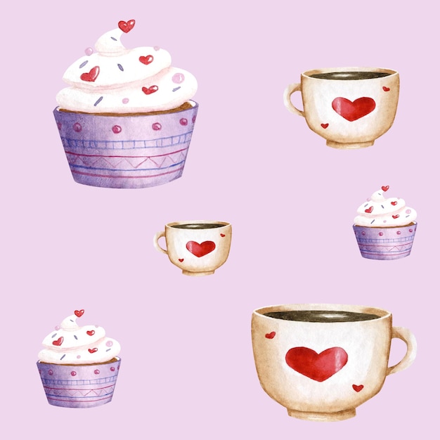 Aquarel koffiekopje Valentijnsdag patroon.