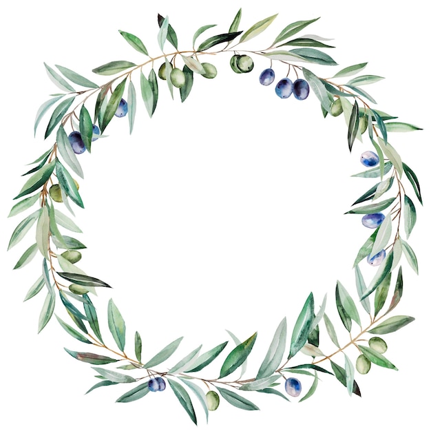Aquarel krans gemaakt van olijftakken met blauwe en groene vruchten en bladeren illustratie