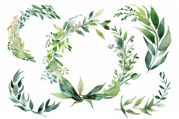 Aquarel kransen met groene bladeren en takken op een witte achtergrond