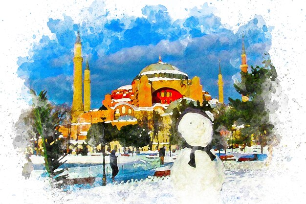 Aquarel kunst Hagia Sophia minaret, zonnige en blauwe lucht, moslim en islamitisch concept.