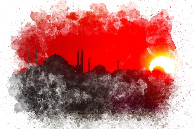 Aquarel kunst Istanbul silhouet zonsondergang.