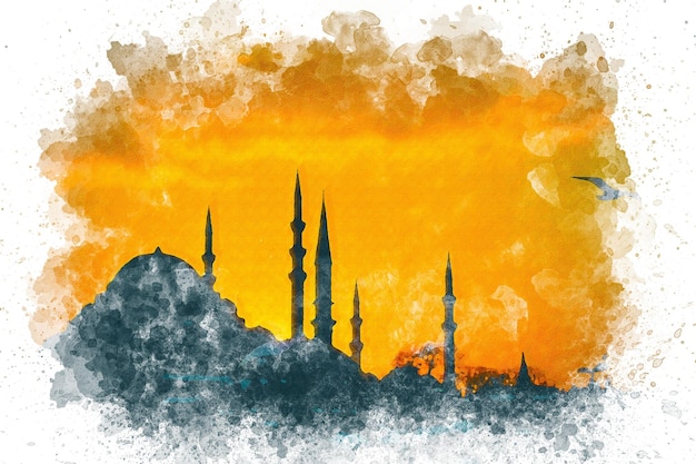 Aquarel kunst Istanbul silhouet zonsondergang.