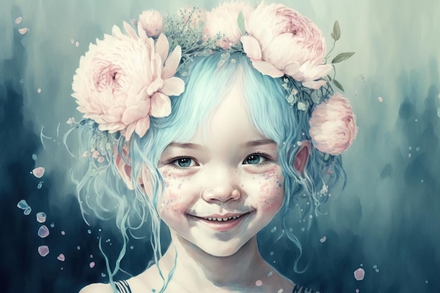 Aquarel kunststijl afbeelding van klein gesneden meisje in pastel roze en blauwe kleuren